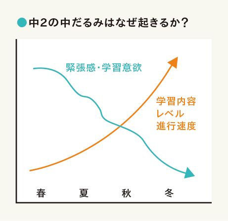 中2の中だるみはなぜ起きるか？を説明したグラフ